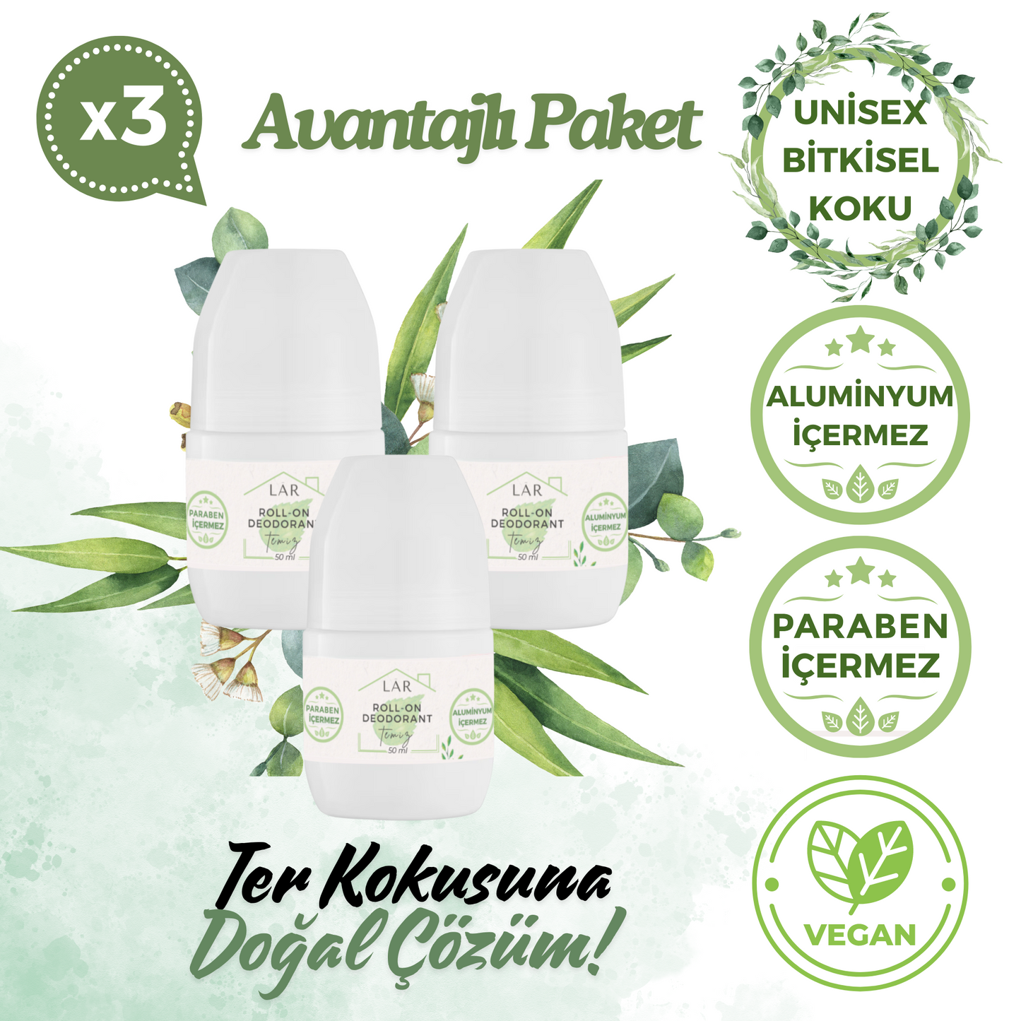 3’lü Avantajlı Set - Aluminyumsuz, Parabensiz Unisex Vegan Temiz Roll-on Deodorant