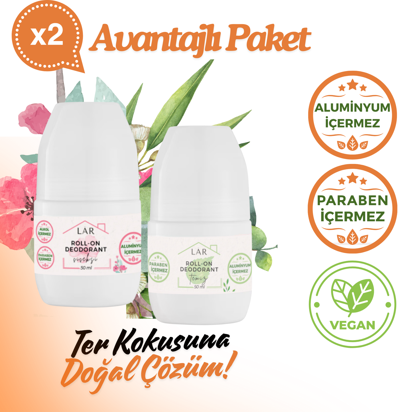 2’li Avantajlı Set - Aluminyumsuz, Parabensiz Temiz ve Çiçeksi Roll-on Deodorant